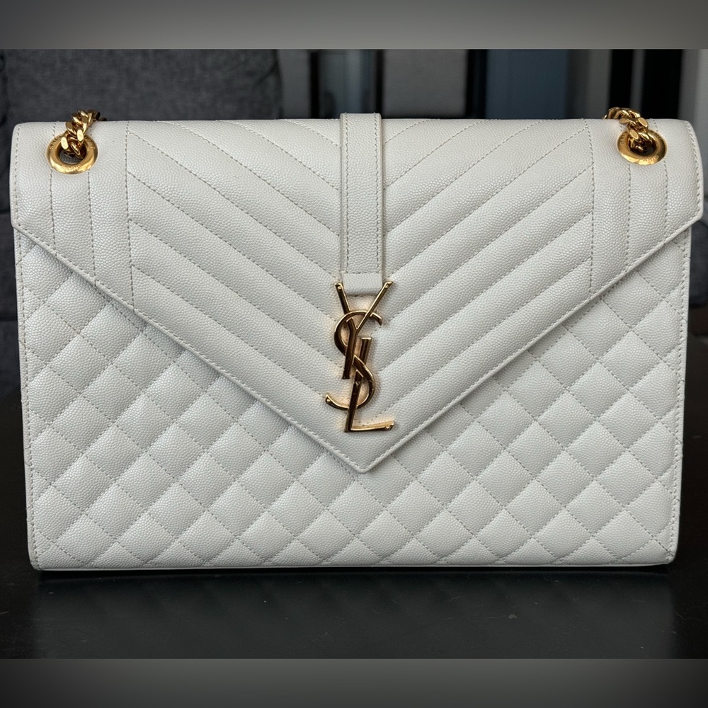 Sold -YSL- White Grained Leather Tri-Quilted Chevron Envelope Large Flap Bag